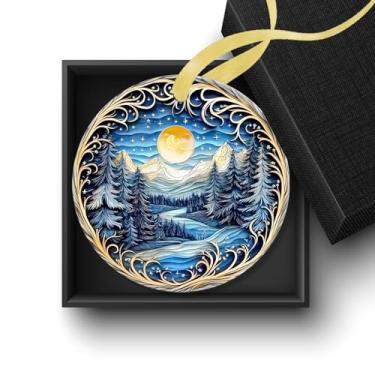 Imagem de Welshower Ornamentos de Natal de fantasia e lua de inverno para árvore, decoração de Natal de inverno, fazenda floresta céu estrelado montanha ornamentos decorativos de cerâmica para pendurar