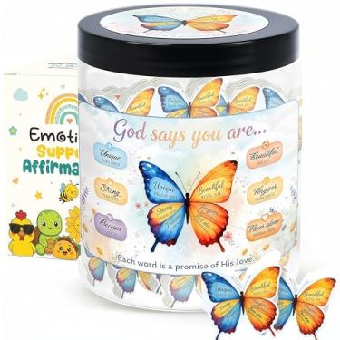 Imagem de Presentes de borboleta, frasco de afirmação de borboleta positiva com 60 cartões de versículo da Bíblia, presentes inspiradores cristãos, frasco de versículo da Bíblia para mulheres, mãe, amantes de
