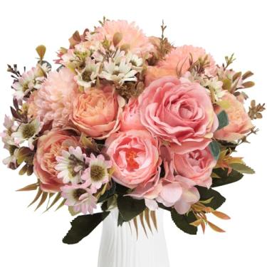 Imagem de PapakeNook 5 ramos de flores artificiais rosa, rosa artificial de seda rosa mista, pompom e pequenas margaridas, flores falsas para vaso, decorações de outono para casa, casamento, jardim, festa, mesa