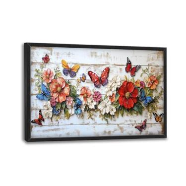 Imagem de Olivine Arte de parede grande de flores, decoração de parede com imagens de borboleta, pintura boho, impressões em tela de grão de madeira rústica, arte emoldurada para sala de jantar, sala de estar