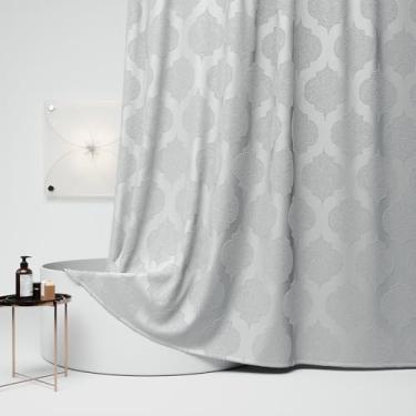 Imagem de lunavogue Cortina de chuveiro extralonga – Conjunto de cortina de banho de tecido de 228 cm com 12 ganchos de plástico, textura adornada prateada