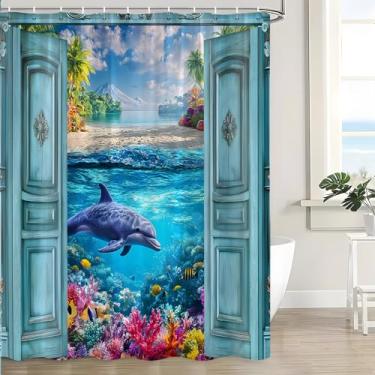 Imagem de Cortina de chuveiro oceano praia golfinho azul-petróleo porta de celeiro pavio subaquático peixe tropical mar animal havaiano litoral natureza paisagem arte decoração conjunto de cortinas de banheiro