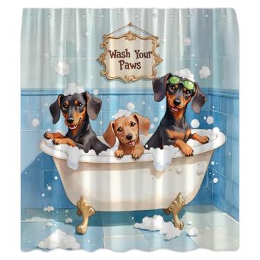 Imagem de XHUUXH Cortina de chuveiro Funny Dogs Wash Your Paws Doggy Cute Rustic Animals Cartoon Puppy in Bathtub Pet Farm Country Decor Conjunto de cortinas de banheiro com ganchos