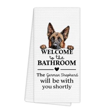 Imagem de EGBTL Toalhas de cozinha engraçadas de pastor alemão, decoração de banheiro engraçada, presentes de pastor alemão para amantes de cães, decoração de toalhas de mão, bem-vindo ao banheiro, um cachorro