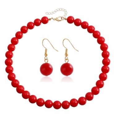 Imagem de YNZGYBY Colar gargantilha com contas vermelhas brincos redondos pendentes para mulheres moda pérolas falsas conjunto de joias conjunto de joias colares de declaração de acrílico grosso, Large, Zinco