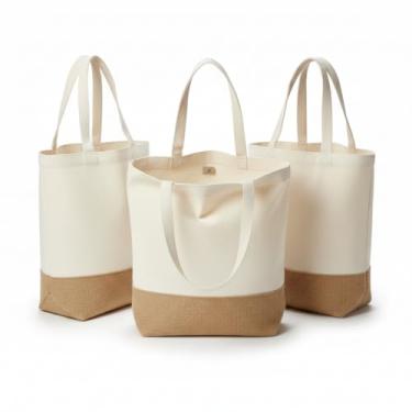 Imagem de Sacola Ecológica de Algodão e Juta, Branca com Base Natural, 42x38cm, Alças de 30cm, 220g/m², 10 Unidades (3)