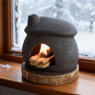 Imagem de Mougigi Queimador Palo Santo – Design de mini casa de chaminé de mesa, suporte de tigela para cones de sálvia e incenso - perfeito para meditação, cinza, zen, ioga, altares espirituais, decoração de