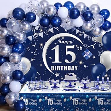 Imagem de 15th Birthday Decorations for Boys Girls - Navy Blue Birthday Decorations For Boys Girls Including HAPPY 15th BIRTHDAY Decorations Backdrop Tablecloth Balloon Garland Kit -15th Bday Decorations