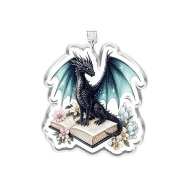 Imagem de MEIYSTICK Pingente de dragão preto no livro, pingente Kindle Bookish, pingentes de plugue de pó de acrílico tipo C ou relâmpago, pingentes de acessórios Kindle, presentes para leitores de fantasia