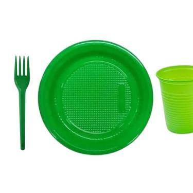 Imagem de Kit 300 Peças Descartáveis para Festa com 100 Copos 200ml + 100 Pratos 15cm + 100 Garfos 12cm | Ideal para Eventos, Aniversários, Churrascos e Refeições Coletivas (Verde Escuro)