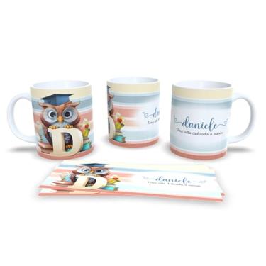 Imagem de Caneca Personalizada com Coruja e Letra A, Porcelana, Design Educacional, Uma Vida Dedicada a Ensinar, Listras Pastéis (d)