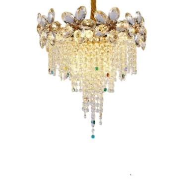 Imagem de Lustre francês retrô todo em cobre e cristal - Iluminação europeia luxuosa e sofisticada para sala de estar, sala de jantar, quarto, escada e hotel (5 lâmpadas)