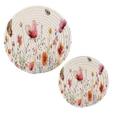Imagem de Blueangle 2 peças de suporte de panela de flores silvestres de ervas - conjunto de pegadores de panela de tecido redondo - almofadas quentes trançadas de algodão - porta-copos - tapetes de mesa para