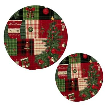 Imagem de Blueangle 2 peças de suporte de panela com padrão de patchwork de Natal - conjunto de pegadores de panela de tecido redondo - almofadas quentes trançadas de algodão - porta-copos - tapetes de mesa