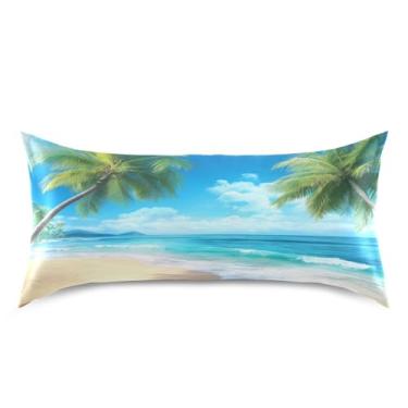 Imagem de Blueangle Fronha de cetim Palm Sea Beach para cabelo e pele, fronha de seda, tamanho king (50,8 x 101,6 cm) - Capas de almofada de cetim refrescantes com fecho de envelope (788)