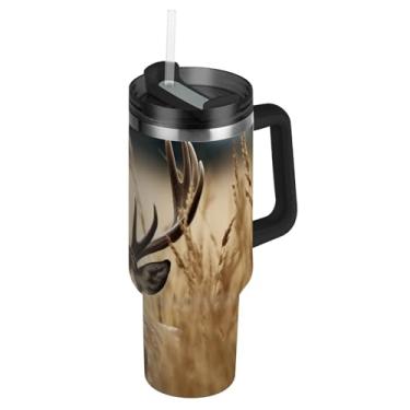 Imagem de Blueangle Copo de veado de campo de trigo de 850 g com alça e tampa de palha, caneca de viagem de aço inoxidável isolada a vácuo de parede dupla, garrafa de água reutilizável para academia de