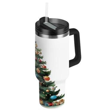 Imagem de ATTX Copo de árvore de Natal aquarela de 1,134 g com alça, copo de aço inoxidável a vácuo de parede dupla com palha, caneca de café de viagem isolada #692