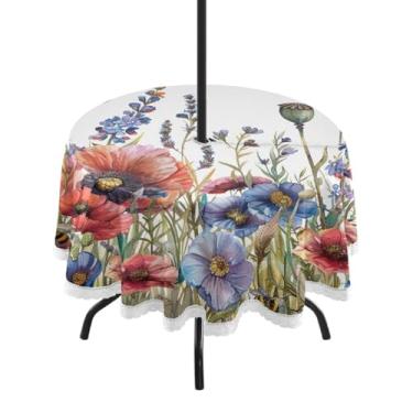 Imagem de ATTX Toalha de mesa redonda de flores silvestres e papoulas – 152 cm, impermeável, à prova de derramamento, uso interno/externo, com orifício para guarda-chuva com zíper para acampamento, piquenique
