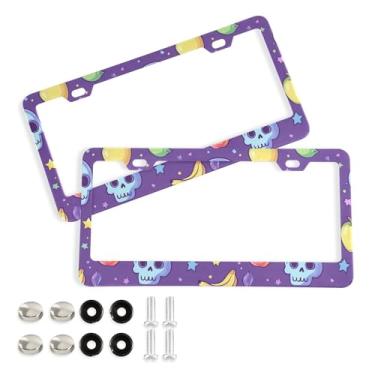 Imagem de SEHANY Molduras de placa de carro vintage rosa crânio, capas de alumínio à prova de ferrugem com furos elípticos e parafusos serve para veículos padrão dos EUA tamanho acessórios de carro para