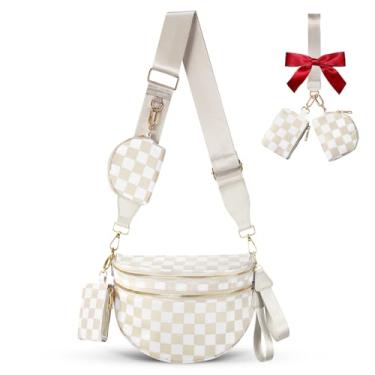 Imagem de Bolsa transversal feminina quadriculada, bolsas de bumbum para mulheres, pochetes para meninas, pequena bolsa de ombro de nylon quadriculada moderna, Bege xadrez, One Size