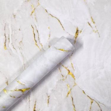 Imagem de Papel de Parede Premium Autoadesivo de Mármore Texturizado Rolo de 5 Metros x 45 cm Branco Sala Cozinha Banheiro