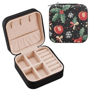 Imagem de Wassud Estojo de joias de viagem com folhas de azevinho de Natal para mulheres, meninas, senhoras, noiva, mini organizador de joias de couro PU, caixa quadrada de armazenamento de joias para brincos