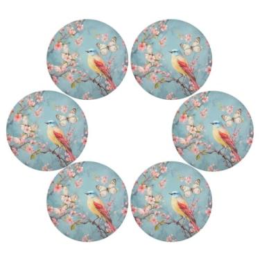 Imagem de Wassud Jogo americano conjunto de 6 tapetes redondos de pássaro em flor de cerejeira para cozinha e jantar tapetes laváveis resistentes ao calor para decoração de mesa 39 cm