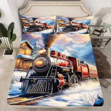 Imagem de Jogo de lençol Queen com trem a vapor vintage, trem a vapor azul, retrô, para crianças, adolescentes, adultos, locomotiva de trânsito, paisagem natural