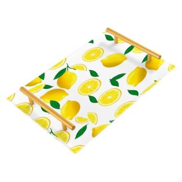 Imagem de CEBUGI Bandeja decorativa de acrílico para mesa de centro amarela com almofada antiderrapante bandeja de servir com alças douradas para banheiro e sala de estar, 20 x 30 cm