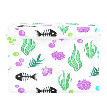 Imagem de Wassud Cestas de armazenamento de Halloween com tampas esqueletos de peixe de desenho animado caixas dobráveis de tecido empilhável cestas de linho organizador de armário recipiente 42 x 32 x 30 cm