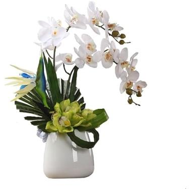 Imagem de LMJYU Flor artificial com vaso Phalaenopsis arranjo de flores com vaso borboleta artificial flor branca arte terno flores artificiais interior