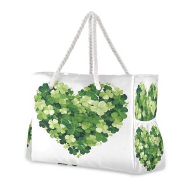 Imagem de Wassud Bolsa de praia com coração verde, grande, para mulheres, impermeável, à prova de areia, bolsa de viagem com zíper e bolso para piscina, academia, acampamento