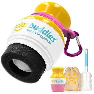Imagem de Kit de Viagem Solar Buddies Grab & Go com Mosquetão e Escova – Rosa – Aplicador Recarregável com Esponja e Rolo para Protetor Solar – Uso Infantil e Adulto – Capacidade de 100 ml/3,4 fl oz