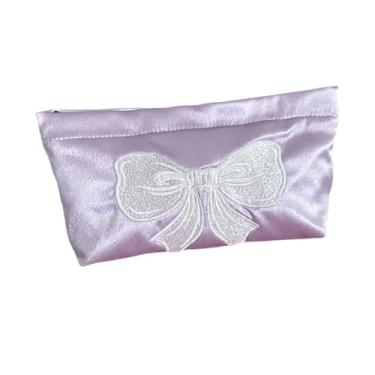 Imagem de Color Silks Recipiente cosmético de grande capacidade, simples, portátil, bordado, laço, bolsa de higiene pessoal, batom, organizador de maquiagem, viagens de negócios, Roxo - M