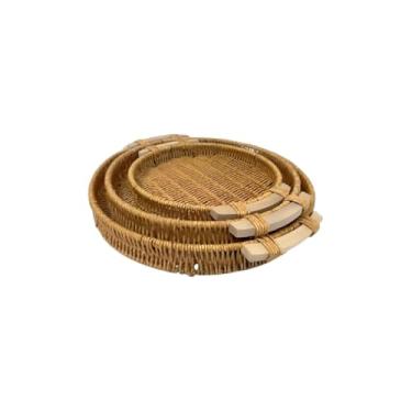 Imagem de Kit 3 Bandejas Redondas em Madeira, Plástico e Metal, Empilháveis, 24cm, 30cm e 35cm, Natural