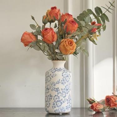 Imagem de Vaso de cerâmica vintage, vaso decorativo floral chinoiserie azul e branco, rústico retrô fazenda acabamento rachado vasos para flores, decoração de casa, sala de estar, centros de mesa, escritório
