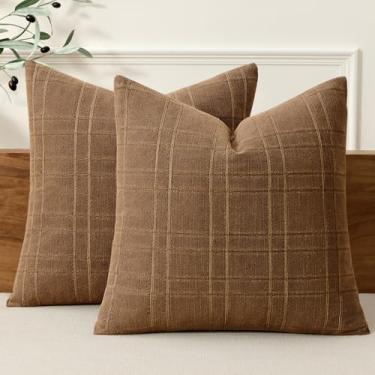 Imagem de MIULEE Capas decorativas de linho xadrez Euro fronhas de almofada neutra fazenda vintage 61 x 61 conjunto de 2 boho moderno inverno decoração de casa para sofá sofá quarto almofada marrom camelo