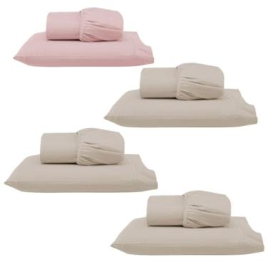 Imagem de Kit 4 Jogos de Lençol Solteiro com Elástico e Fronha Bordada em Ponto Palito, 8 Peças em Micropercal 300 Fios 100% Poliéster (4 Jogos Solteiro Versat (1 Rosê/3 Cáqui))