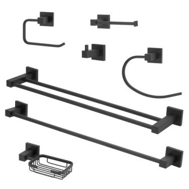 Imagem de Kit Acessórios Quadrado Banheiro Preto/Black Fosco 7 Peças - Modelar