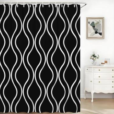 Imagem de TTQYFNM Cortina de chuveiro padrão ondulado preto e branco abstrato listrado geométrico moderno minimalista cortina de chuveiro para decoração de banheiro tecido lavável impermeável conjunto de