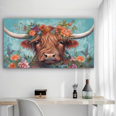 Imagem de Arte de parede em tela rústica de vaca com flores - Pôster sem moldura de 30 x 61 cm - Decoração de casa e escritório para sala de estar, quarto, cozinha e café