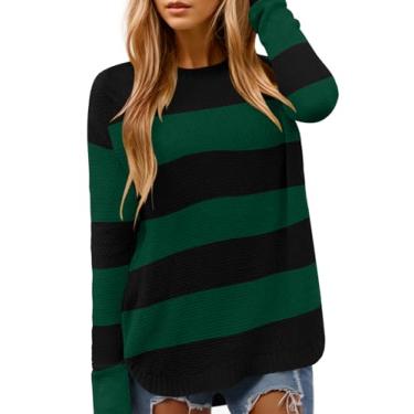 Imagem de DB MOON Suéter feminino de malha de manga comprida com gola redonda 2023 ajuste solto pulôver liso macio, Listrado 02, P