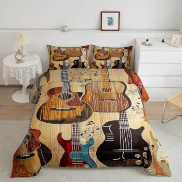 Imagem de Feelyou Conjunto de edredom de guitarra, para meninos e meninas, para crianças e mulheres, homens, ultramacio, rock, instrumentos musicais, conjunto de edredom para decoração de quarto