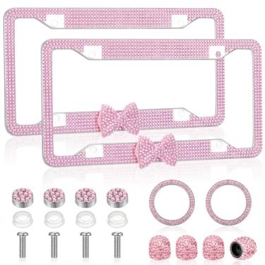 Imagem de AceOrbit 8 peças de acessórios de carro com molduras de placa de licença de laço, tampas de haste de válvula de pneu de diamante fofo e anel decorativo Start Stop para mulheres de Natal (rosa claro)