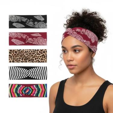 Imagem de Pacote com 5 faixas de cabelo estilo turbante Boho – Faixas de cabelo largas para mulheres, acessórios de cabelo torcidos grandes