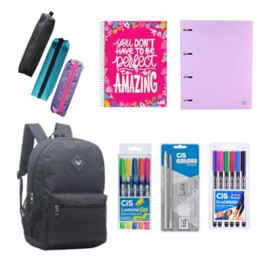 Imagem de Kit Material Escolar com 25 itens Volta as Aulas Marcadores Fichário Aluno Mochila Estojo Caderno