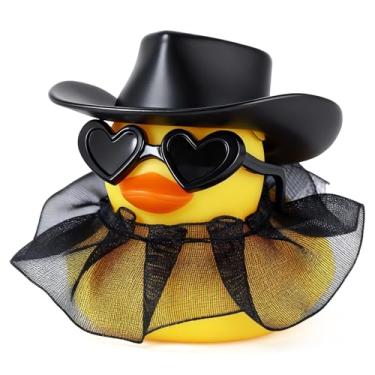 Imagem de BOZILY Pato de borracha cowboy engraçado com chapéu e óculos - decoração de painel de carro, acessório de mesa, presente de graduação/aniversário, decoração de alívio de estresse para escritório em