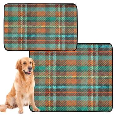 Imagem de Almofadas de xixi com estampa laranja verde xadrez lavável para animais de estimação extragrande à prova d'água tapete de cercadinho de cachorro tapete de parto absorvente, médio + grande, conjunto de