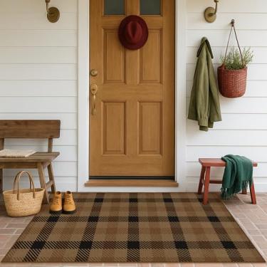 Imagem de Tapete neutro para área interna de 8 x 10 cm - Tapete xadrez marrom de juta fácil para entrada, cozinha, sala de estar pequena, decoração rústica de terra e café