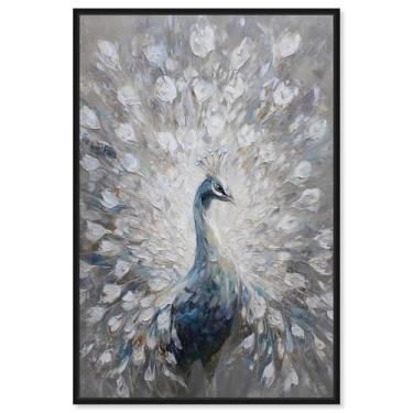 Imagem de Decoração de parede vintage com estampa de pavão branco II da Art Remedy, moldura preta, 40 x 61 cm